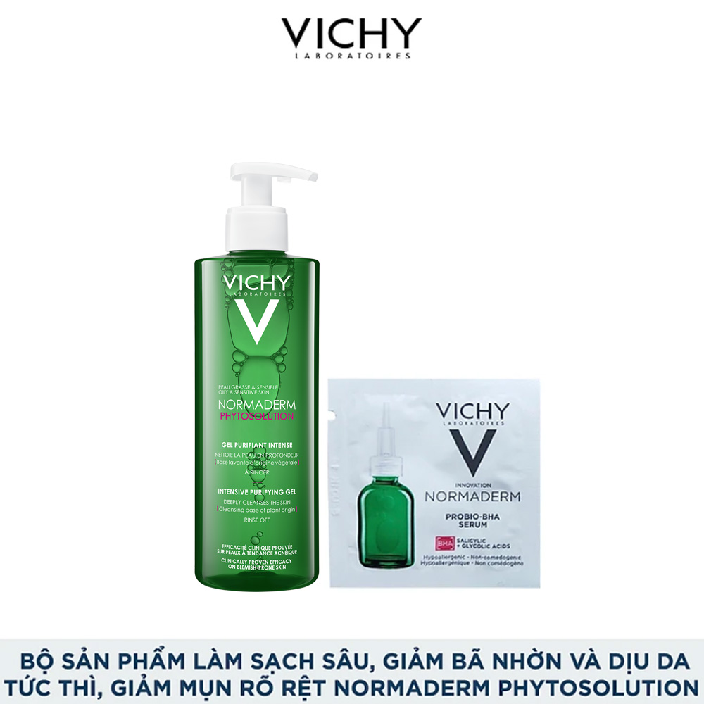 Bộ sản phẩm làm sạch sâu, hạn chế bã nhờn và giúp dịu da tức thì, đẩy lùi mụn rõ rệt Vichy Normaderm Phytosolution