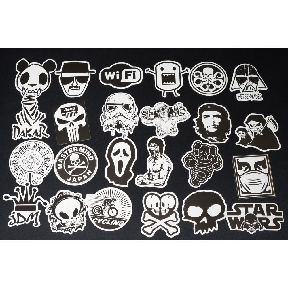 Bộ 10 20 50 sticker trắng đen black white stickers cao cấp trang trí Vali Laptop Mũ Bảo Hiểm Xe Máy Xe Đạp Đàn