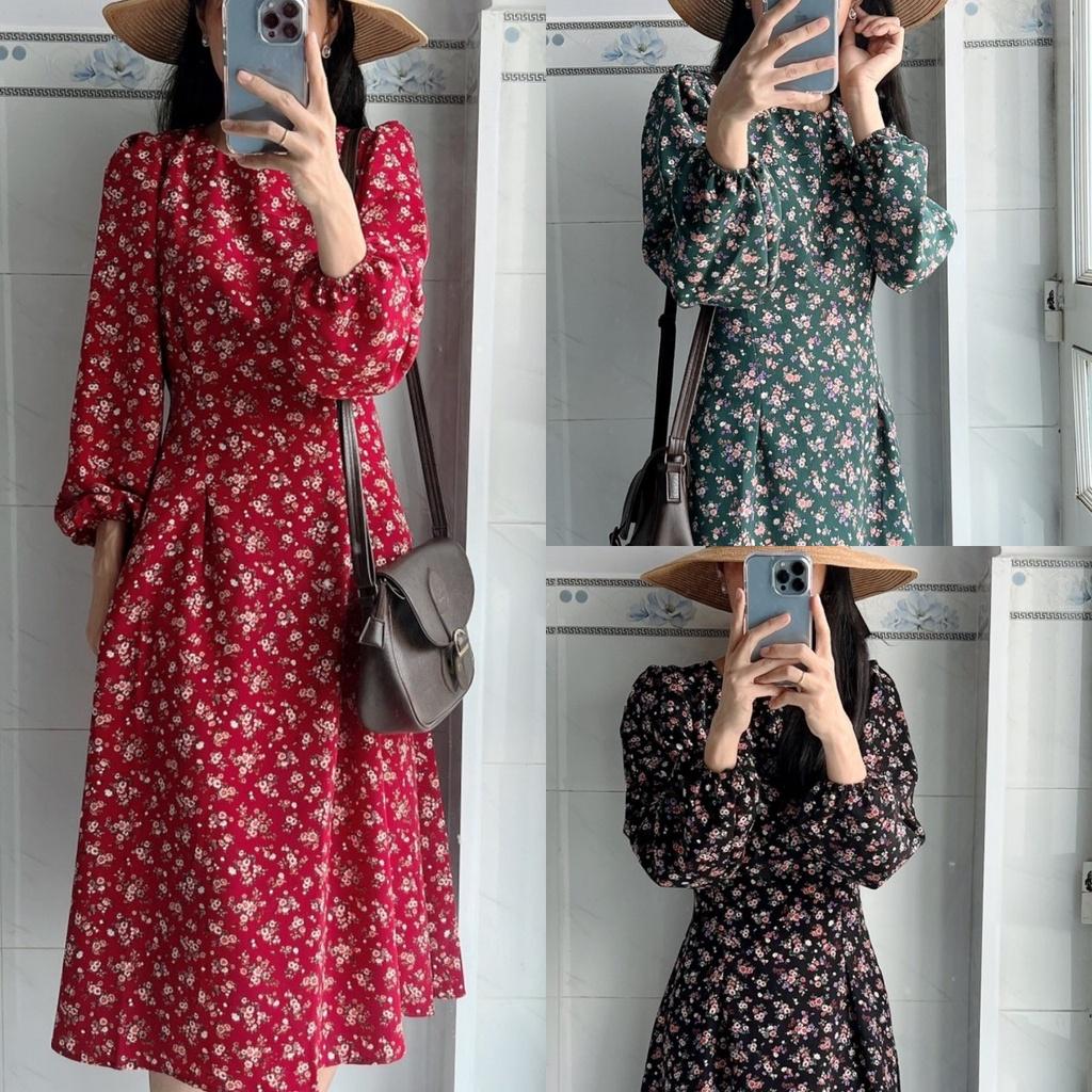 Đầm midi hoa nhí tay dài cột nơ