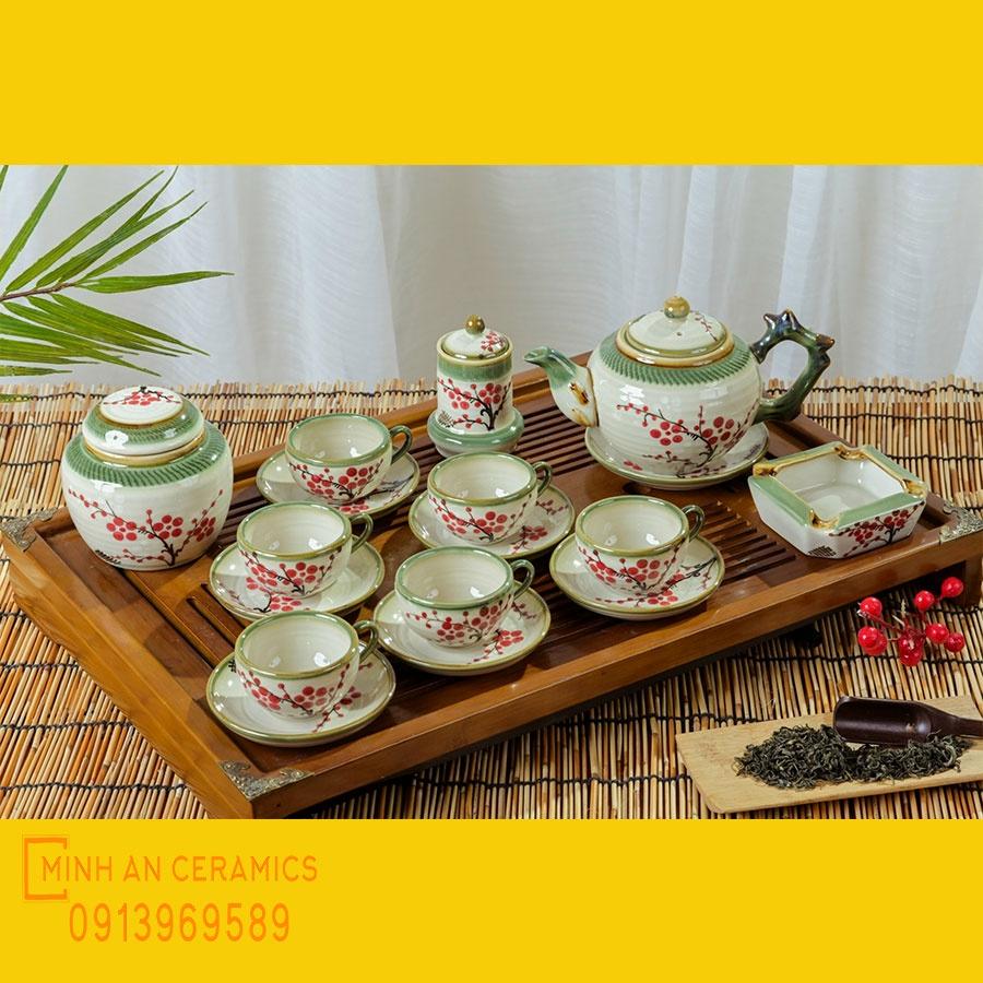 Bộ trà men tro cổ dáng gốc cây hoa văn vẽ tay thủ công 450ml gốm Minh An Bát Tràng