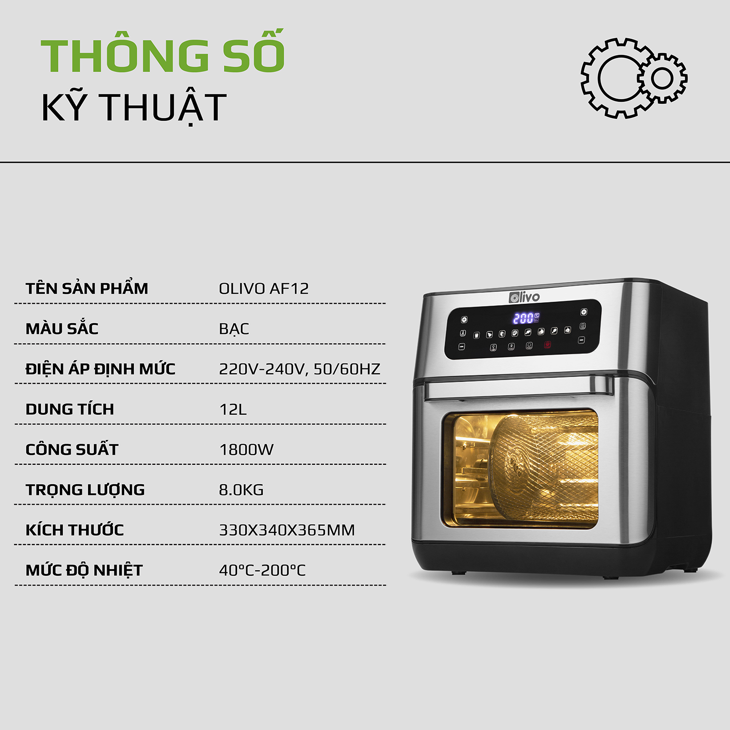 Nồi Chiên Không Dầu OLIVO AF 12 [Hàng Chính Hãng] Dung Tích 12L - Công Suất 1800W