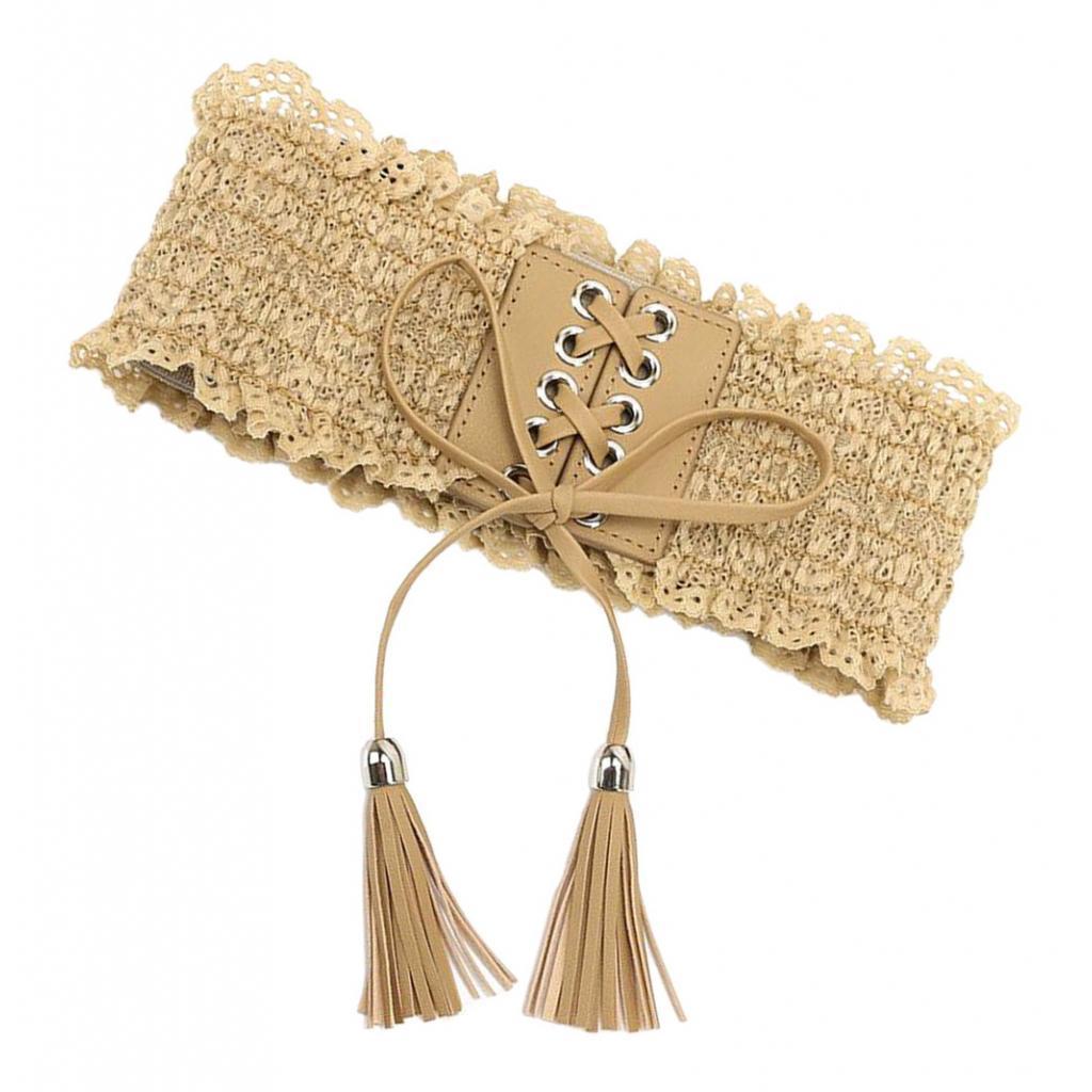 Womens Lace Leather Wide Waist Belt Elastic Band Corset Light Tan