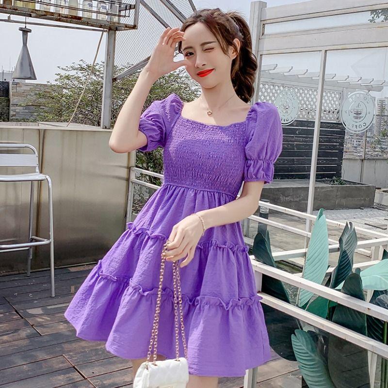 DIYIWEI Phụ nữ mùa hè 2023 Square Neck Pleated Bubble Sleeve Thu hẹp eo Khoai tây tím Vintage Pháp Orange Terrier Dress