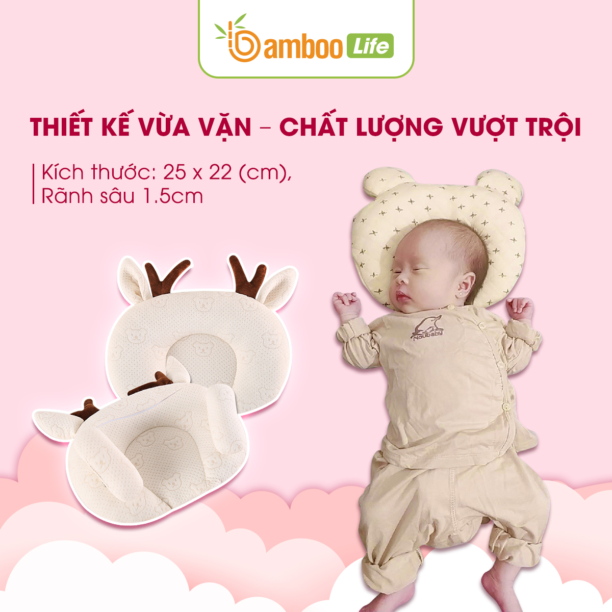 Gối chống bẹp đầu cho trẻ sơ sinh Bamboo Life Gối cao su non chống bẹp đầu méo đầu móp đầu Gối cho trẻ sơ sinh cao cấp êm ái BL101 hàng chính hãng