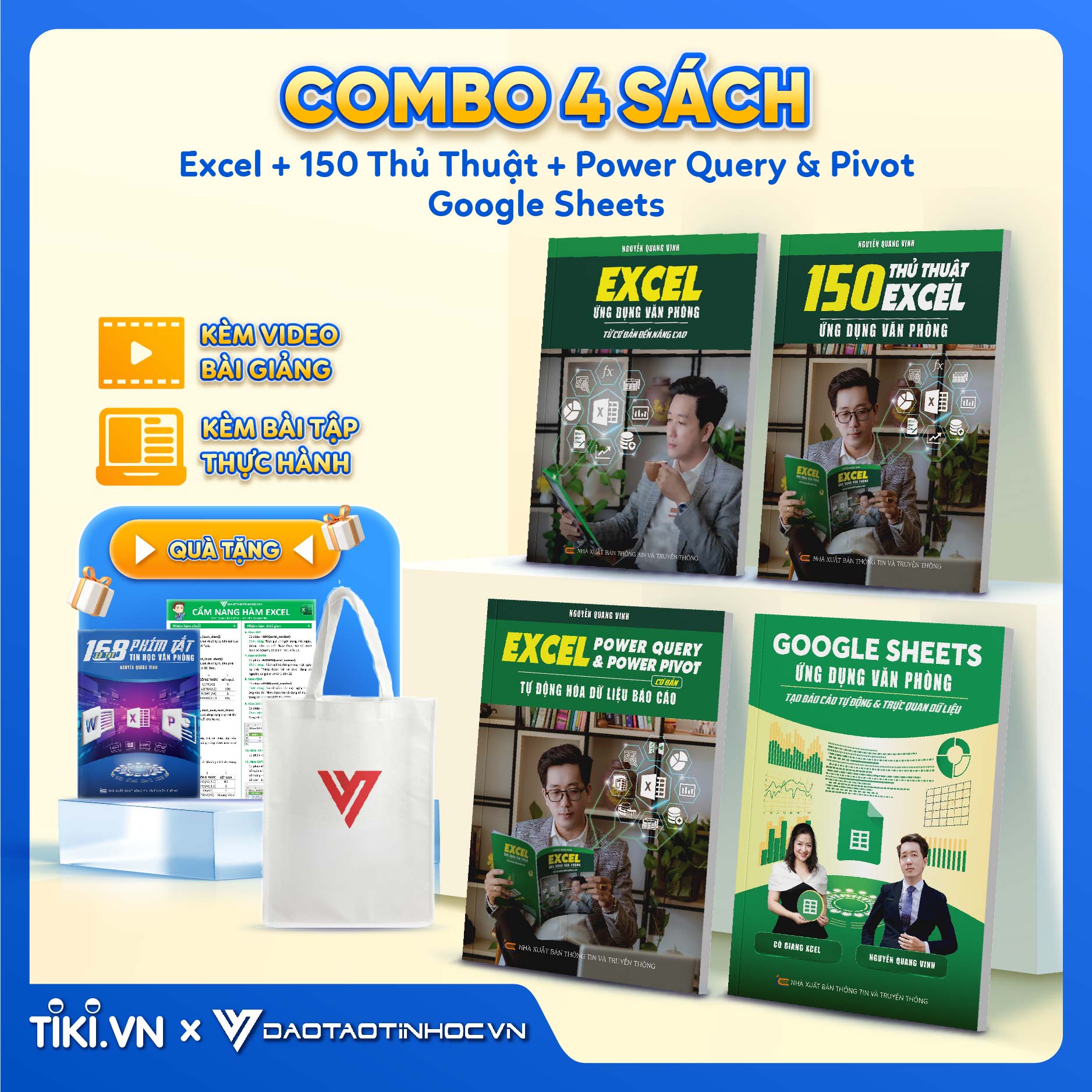 Combo 4 Sách Excel - Google Sheet - 150 TT - Power Query ĐÀO TẠO TIN HỌC Ứng Dụng Văn Phòng Kèm Video Khóa Học