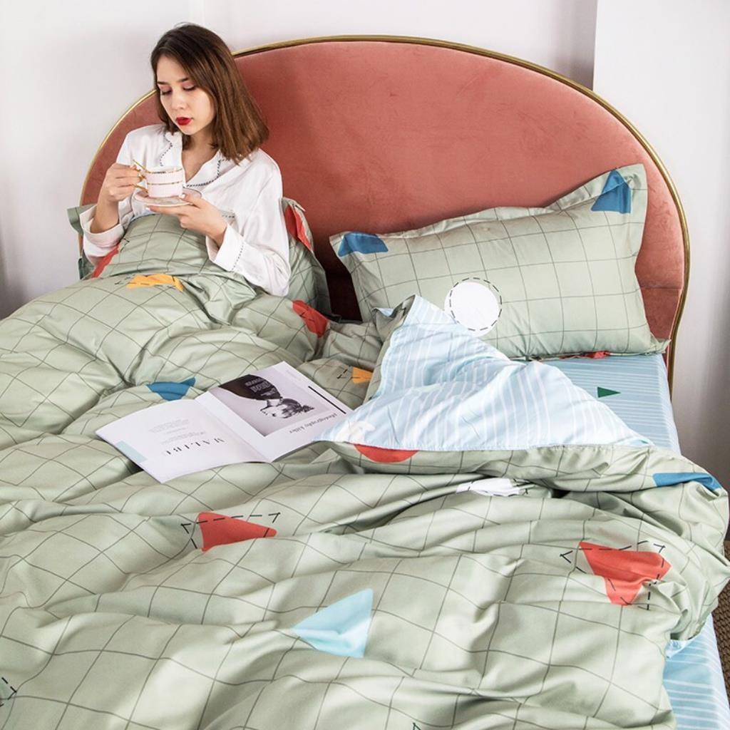 Bộ Chăn Ga Gối Cotton Poly Hình Học Xanh