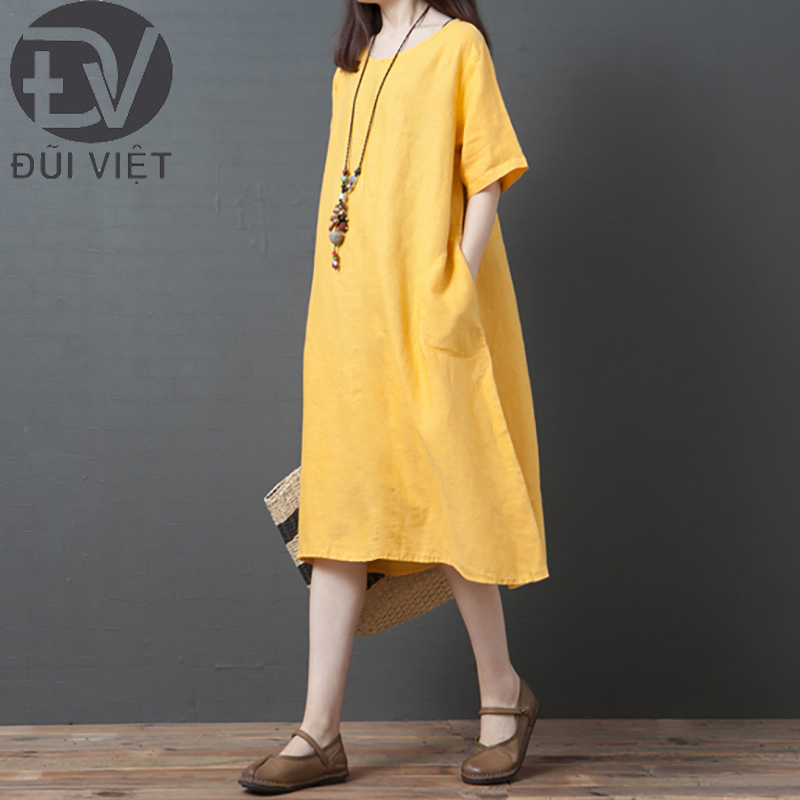 Đầm suông Linen nữ trơn form rộng ngắn tay, có túi hông Đũi Việt