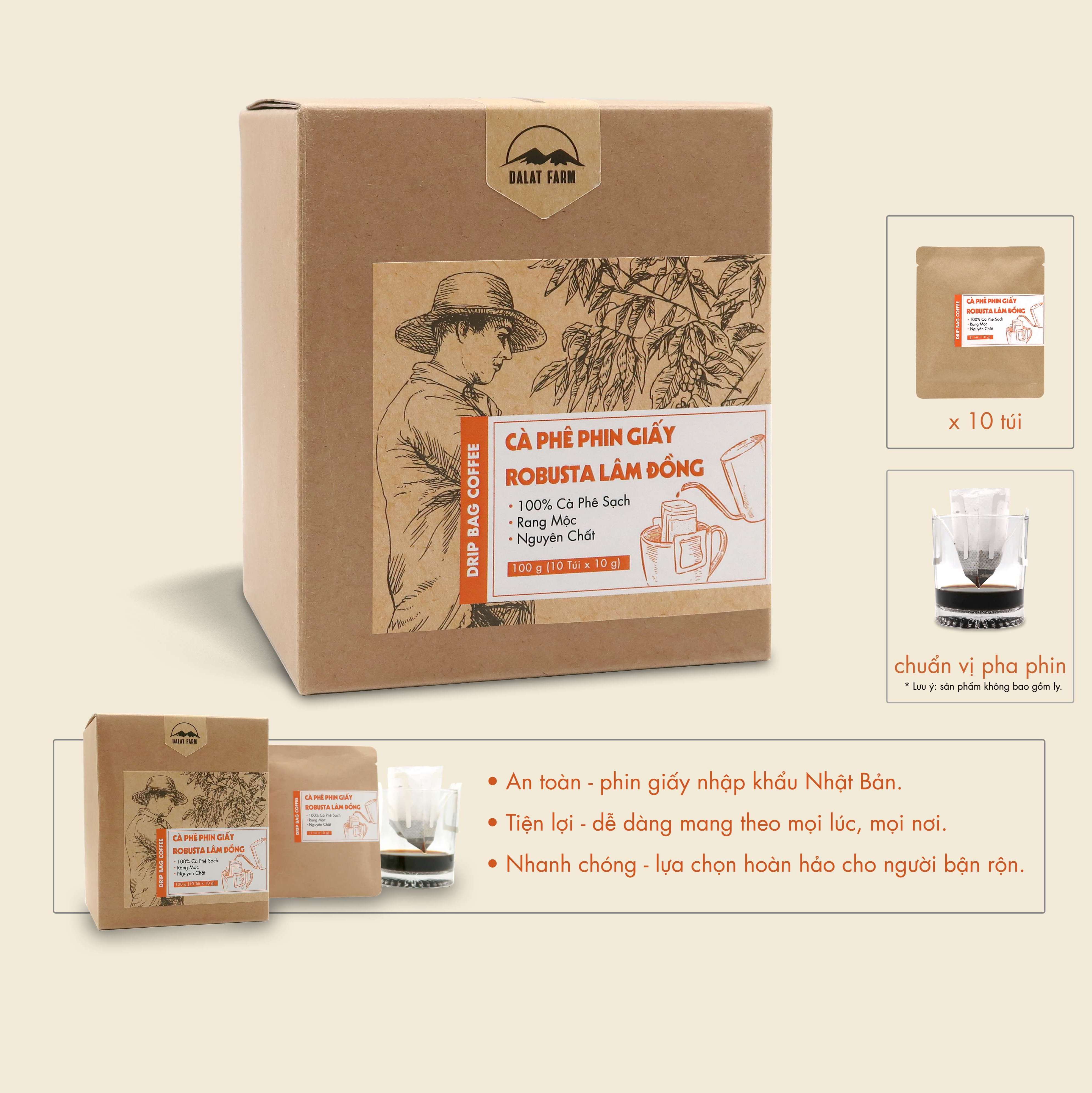 Cà phê phin giấy Robusta Lâm Đồng DalatFarm - Hộp 10 túi x 10 g