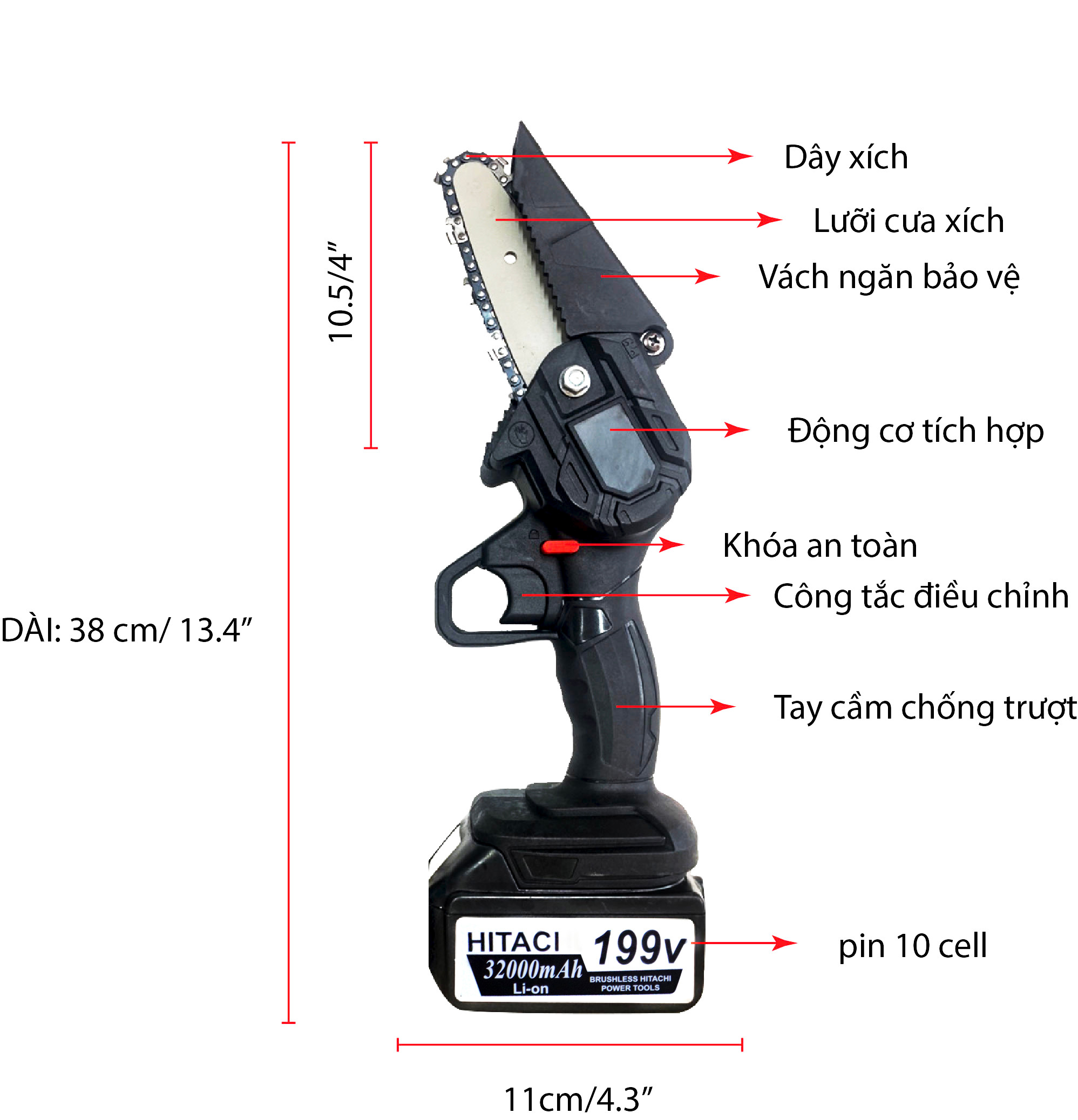 Máy Cưa Xích Chạy Pin - Lam Xích 4inch - Máy Cưa Mini Dây Xích Cắt Tỉa Cành Cây Tiện lợi - Lõi Đồng