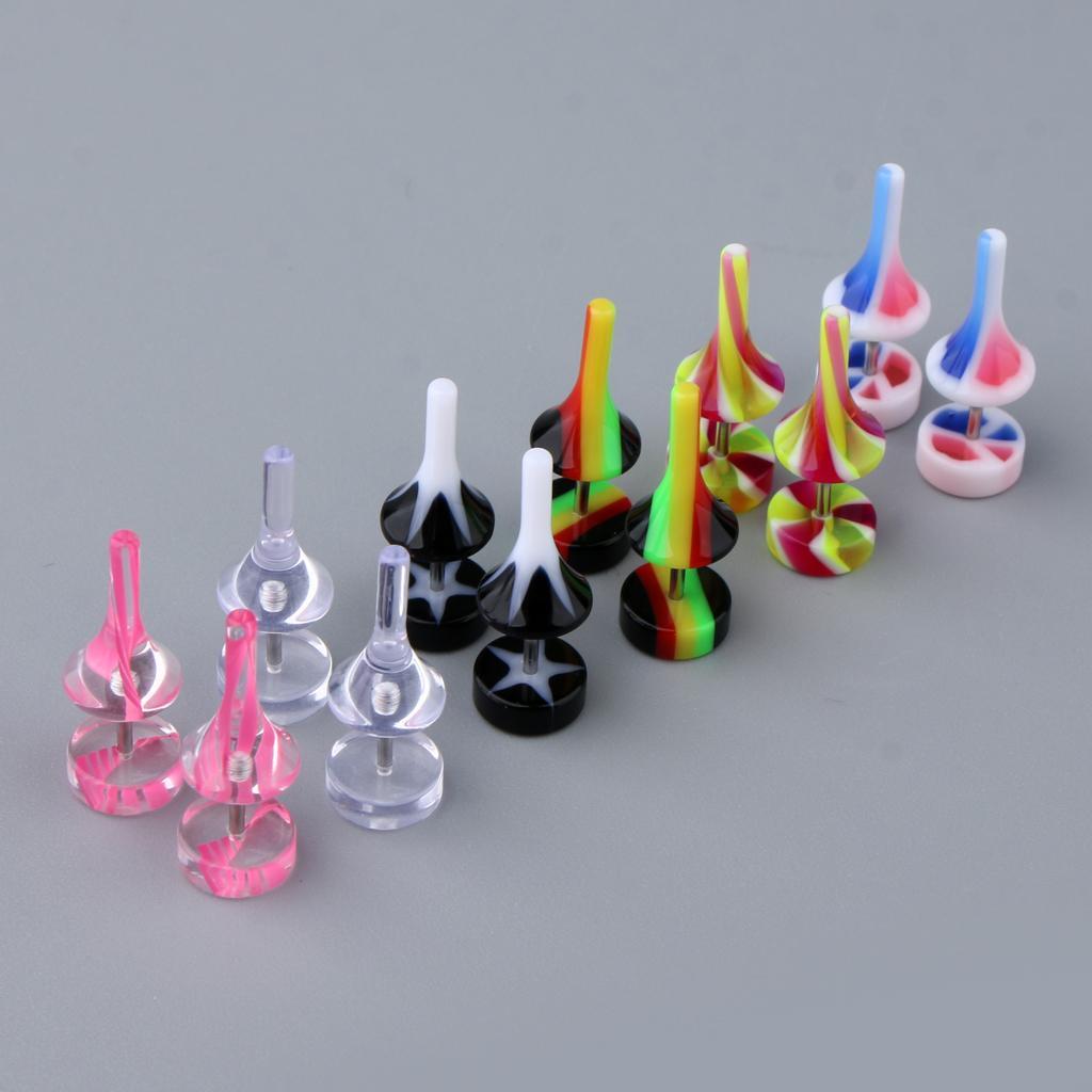 6 Pairs Acrylic Ear Earrings Tunnel Stainless Steel Fake 16g