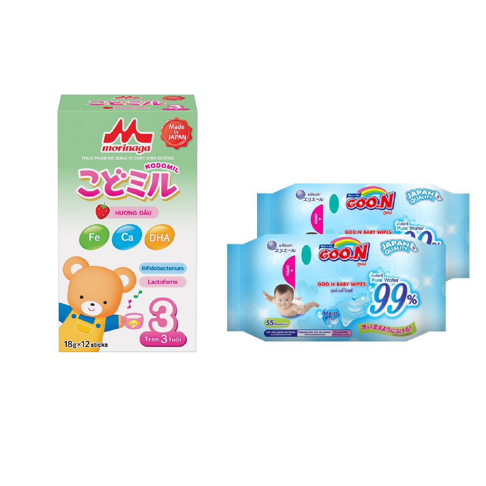 Sữa Morinaga số 3 Kodomil 216g cho bé từ 3 tuổi hương dâu + tặng 2 gói khăn ướt Goo.N