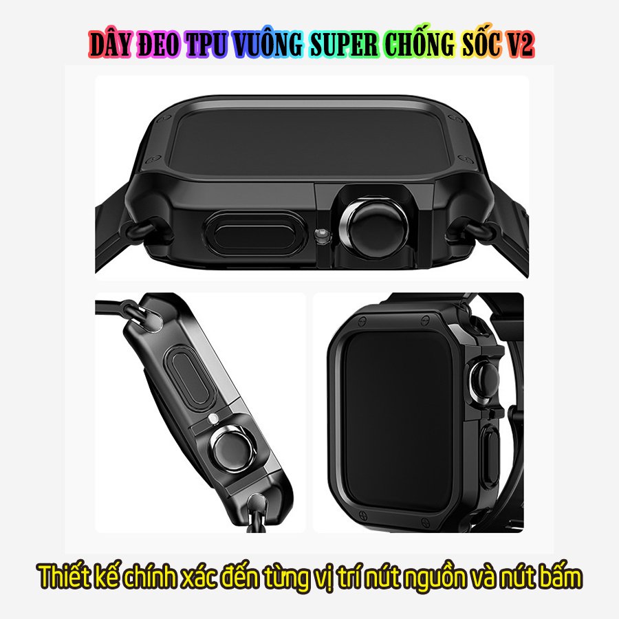 Dây Đeo khung ốp rời dành cho Apple Watch size 38/40/42/44mm TPU vuông SUPER chống sốc V2 - Đen (tặng dán KCL theo size)