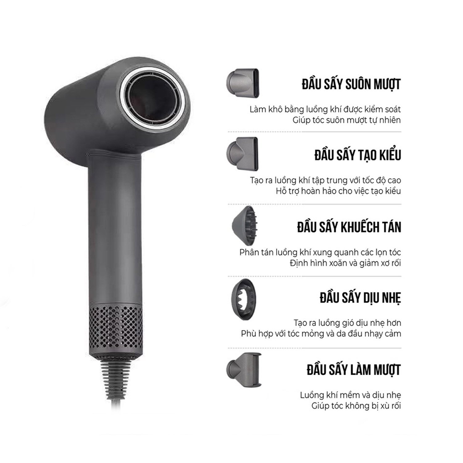 Máy Sấy Tóc Super Sonic không cánh 5 đầu 1600W dây 1,8m siêu cao cấp dưỡng ẩm, bổ sung ion âm giúp tóc chắc khoẻ