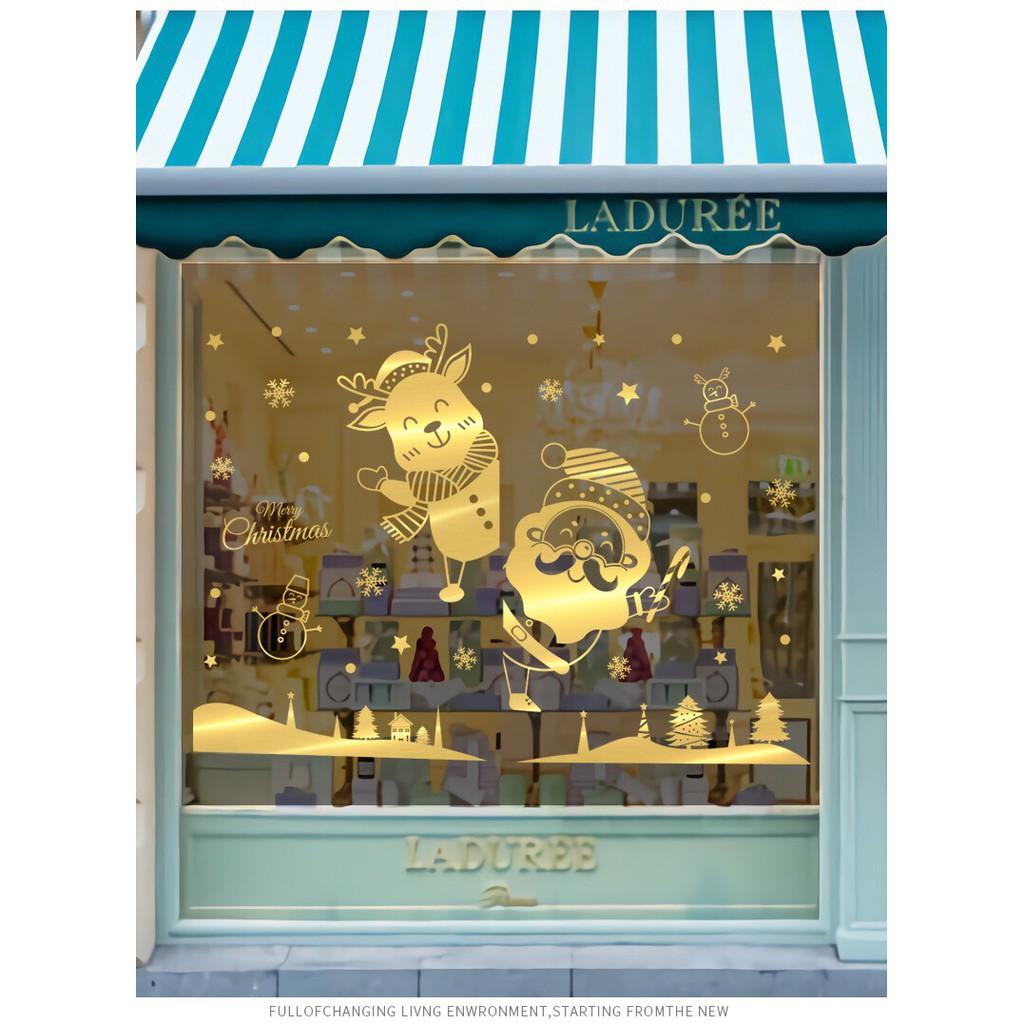 Decal trang trí tường Noel - Ông già noel tuần lộc nhí chào lễ ánh vàng cao cấp