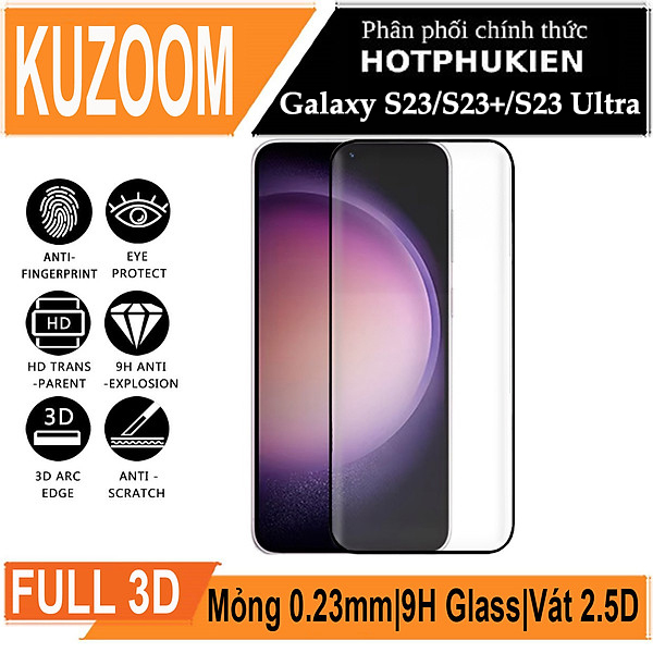 Miếng dán kính cường lực 3D cho Samsung Galaxy S23 / Galaxy S23 Ultra / Galaxy S23 Plus / Galaxy S23+ hiệu Kuzoom Protective Glass - mỏng 0.3mm, vát cạnh 2.5D, độ cứng 9H, viền cứng mỏng - Hàng nhập khẩu