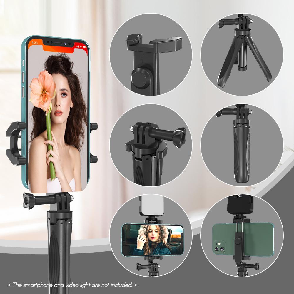 Foldable Mini Desktop Tripod Phone Holder with 3 Sections Extendable Adjustable Phone Clip Length for Vlog Live Stream
