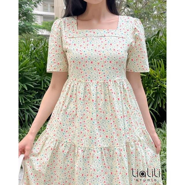 Đầm dài cô vuông hoa nhí- Thiết kế từ