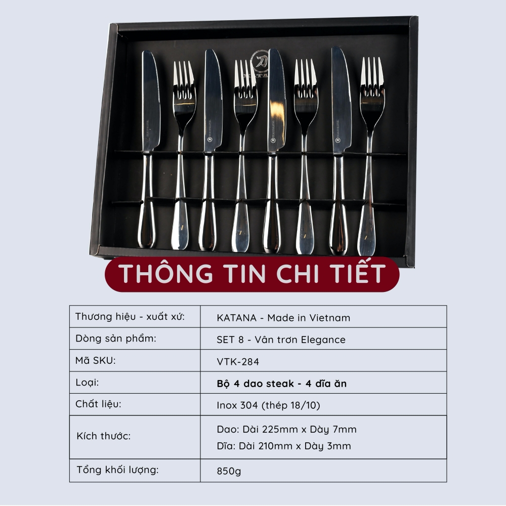 Set 8 dao dĩa beefsteak cao cấp vân trơn Elegance KATANA VTK284