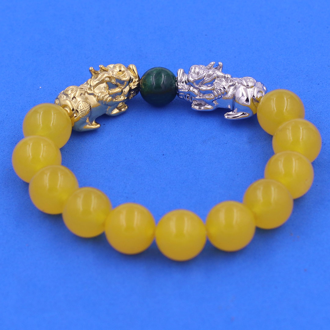 Vòng chuỗi đeo tay đa thạch anh vàng 12 ly charm tỳ hưu đôi inox trắng và vàng, vòng chuỗi phong thủy, charm tỳ hưu, vòng tay hạt chuỗi