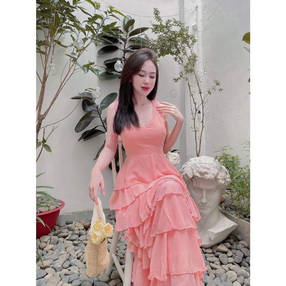 Đầm váy maxi voan tầng trắng nude kem hồng cổ V Ivy.fashion đi biển dự tiệc dạo phố bigsize gợi cảm sexy