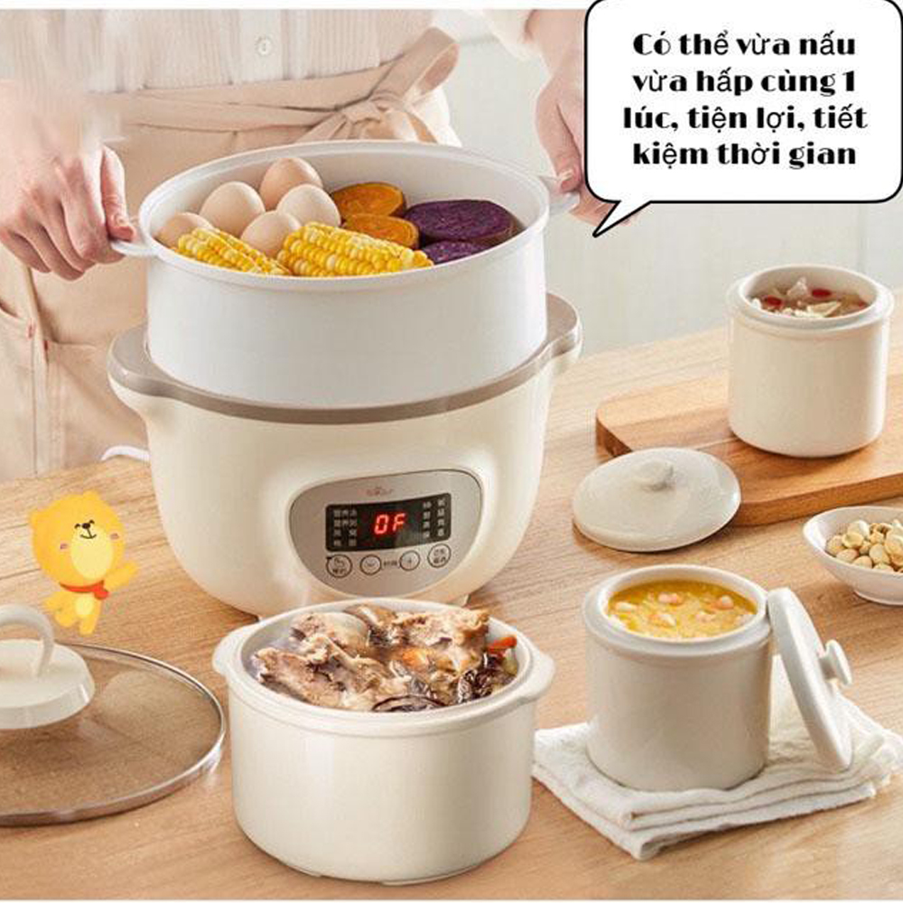 Nồi Ninh Hầm, Nấu Cháo, Chưng Yến, Nấu Cháo Chậm Đa Năng 2 Tầng. Tặng Kèm Lồng Hấp + 2 Nồi Sứ 500ml -- Hàng Nhập Khẩu