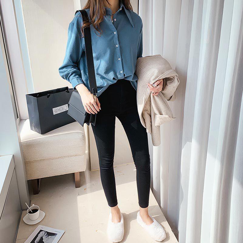 Áo sơ mi nữ tay dài màu trơn phong cách vintage