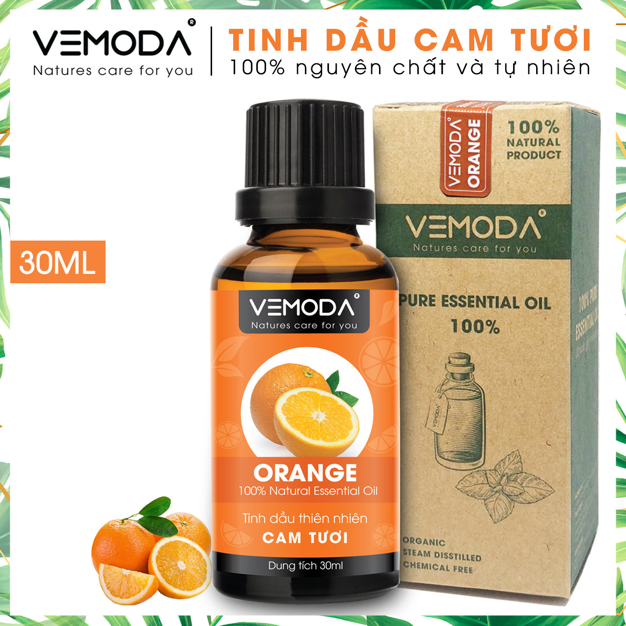 Tinh dầu Cam tươi cao cấp. Orange Essential Oil 30ML. Tinh dầu xông phòng giúp khử mùi, kháng khuẩn, thanh lọc không khí, xua đuổi côn trùng, chăm sóc da. Tinh dầu thơm phòng cao cấp Vemoda