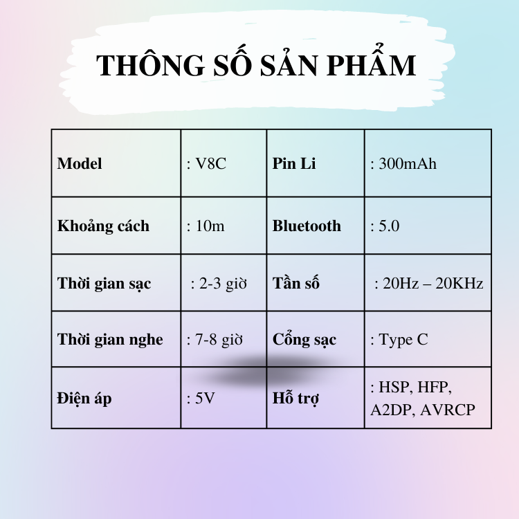 Tai Nghe Đàm Thoại Nhét tai V8C - Công Nghệ Bluetooth 5.1 - Pin Lithium 300mAh, Thời GIan Nghe 7-8 Giờ