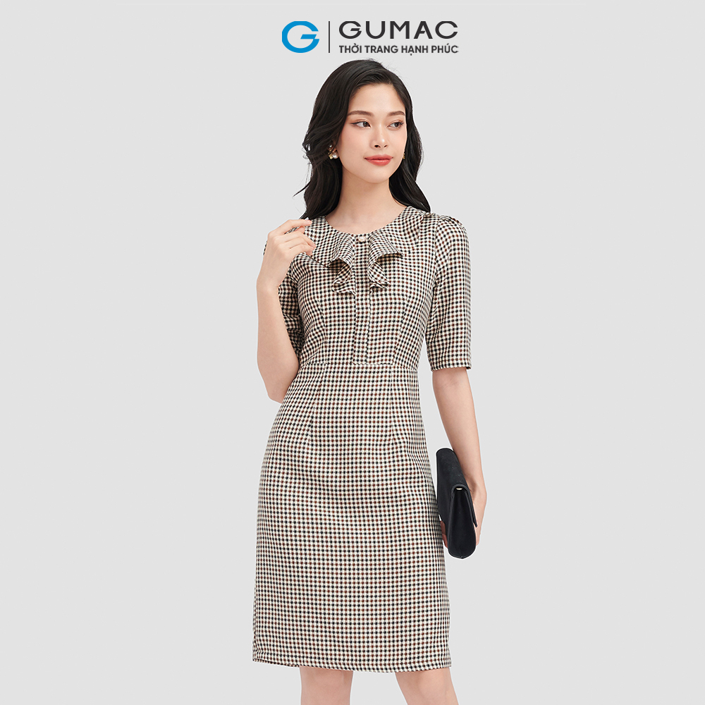 Đầm nữ form A GUMAC LD0918 caro cổ bèo nữ tính