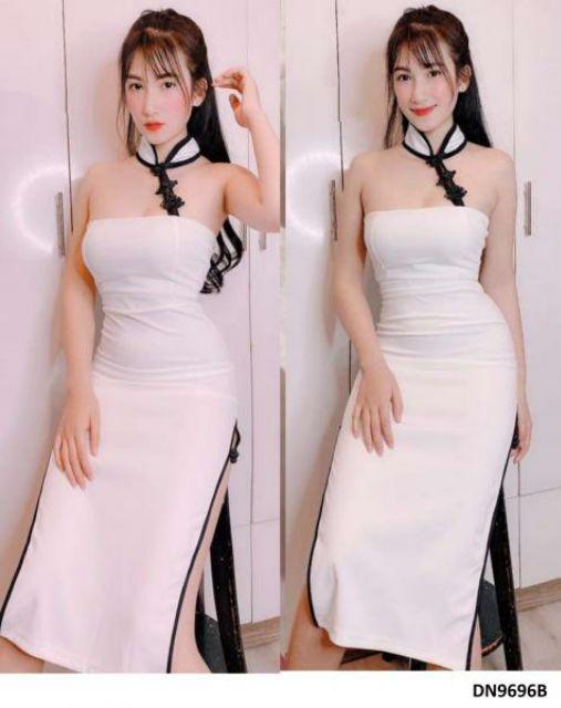 Đầm sườn xám đính nút cổ tàu xẻ tà sexy
