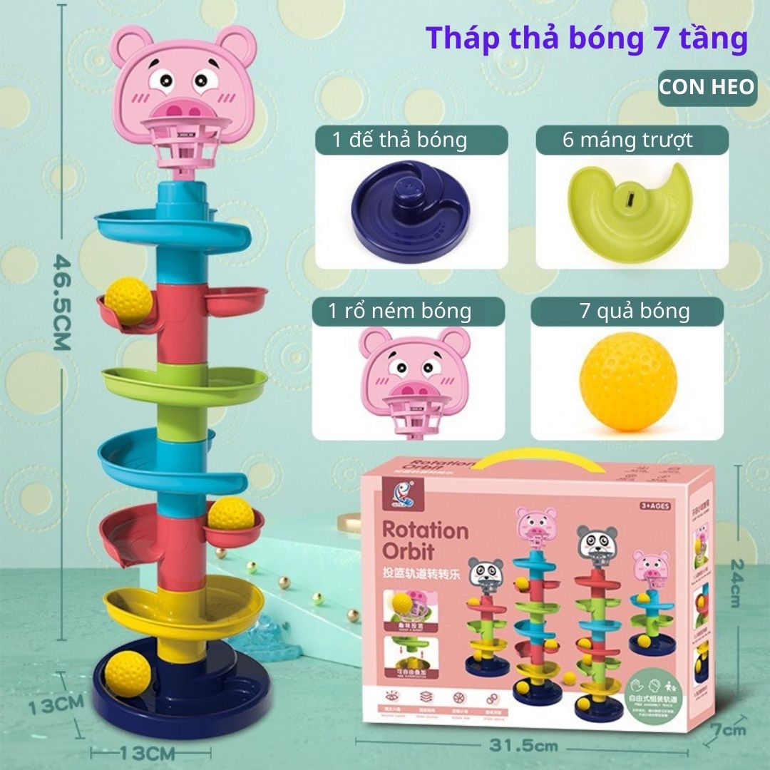 Đồ chơi trẻ em Tháp bóng lăn, cầu trượt thả bóng xoay vòng nhiều 7 tầng 7 bóng EASYTOYS giú