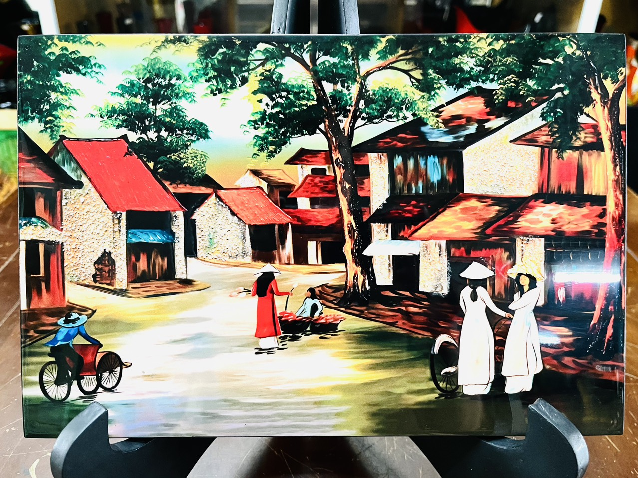Tranh sơn mài phố cổ vẽ màu cẩn trứng đẹp Thanh Bình Lê size 20x30 cm
