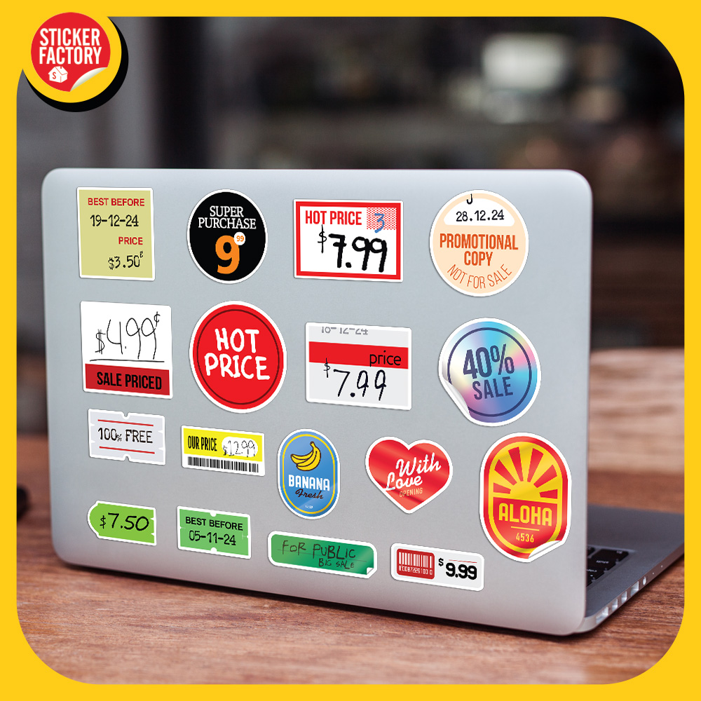 Price tag - Set 100 sticker decal hình dán nón bảo hiểm, laptop, xe máy, ô tô - STICKER FACTORY