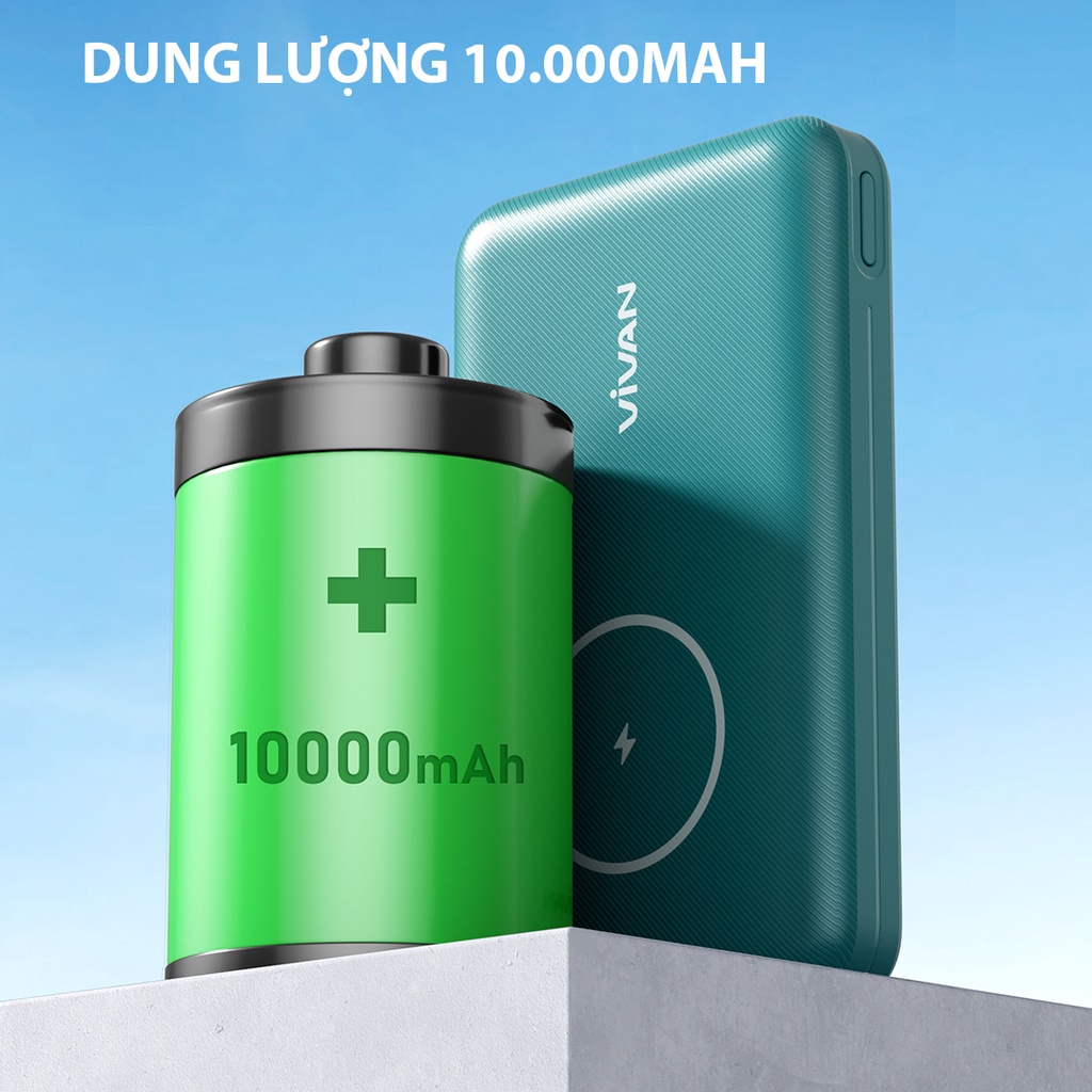 Pin Dự Phòng Không Dây Từ Tính 10000 mAh VIVAN VPB-W12 Sạc Nhanh Q.C 3.0 PD 2 Cổng Sạc Ra TypeC &amp; USB - Hàng Chính hãng