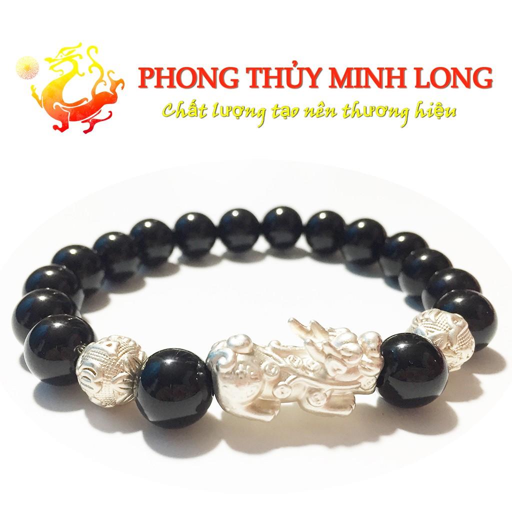 Vòng tay đá Mã Não Đen mix tỳ hưu và 2 hạt kim tiền bằng Bạc hợp mệnh Thủy và Mộc