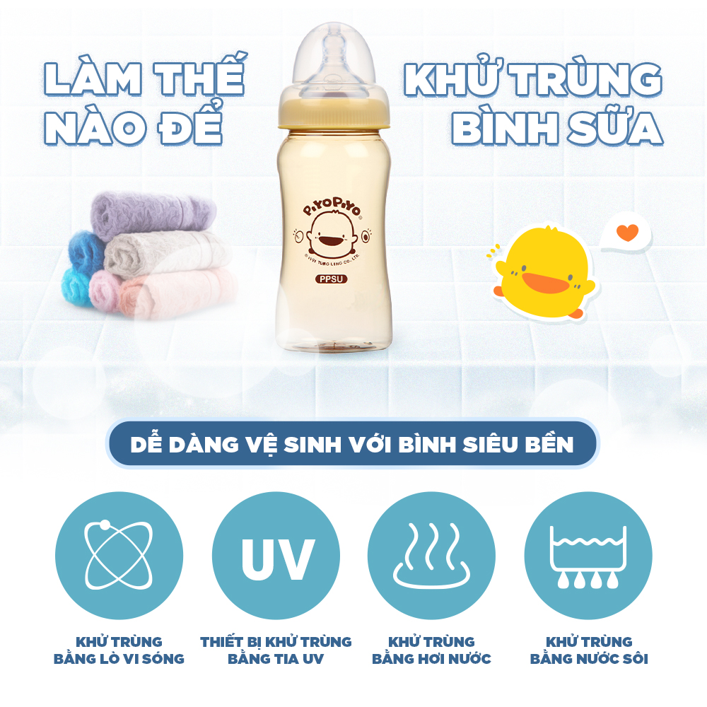 Bình sữa cổ rộng Piyo Piyo 240ml nhựa PPSU chịu nhiệt tới 180 độ, thân bình cong dễ cầm