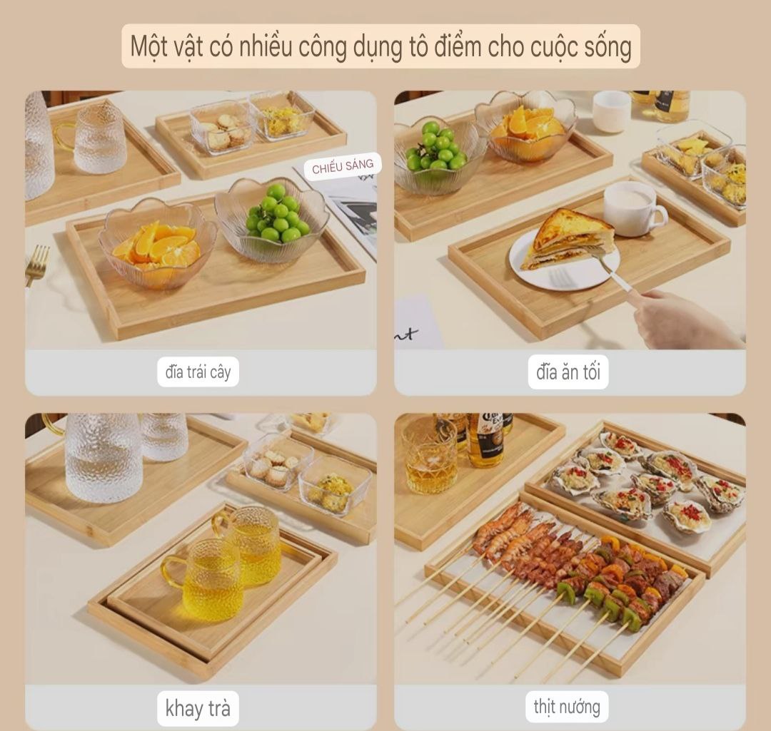 Khay gỗ tre ghép đựng trà đạo, đựng thức ăn ẩm thực hình chữ nhật - An toàn, cao cấp, chắc chắn - Hàng sản xuất chuẩn tre Việt Nam