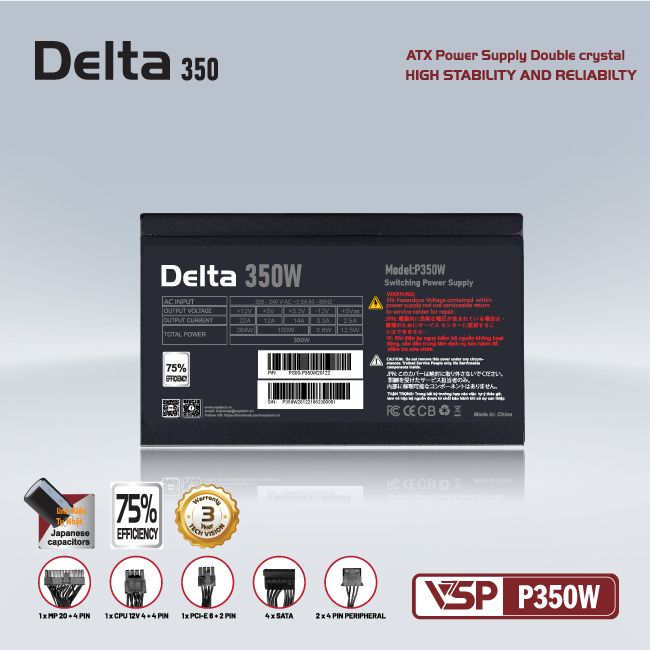 Nguồn máy tính VSP 350W Delta P350W ATX có 8pin (6+2) VGA - Hàng chính hãng VSP phân phối