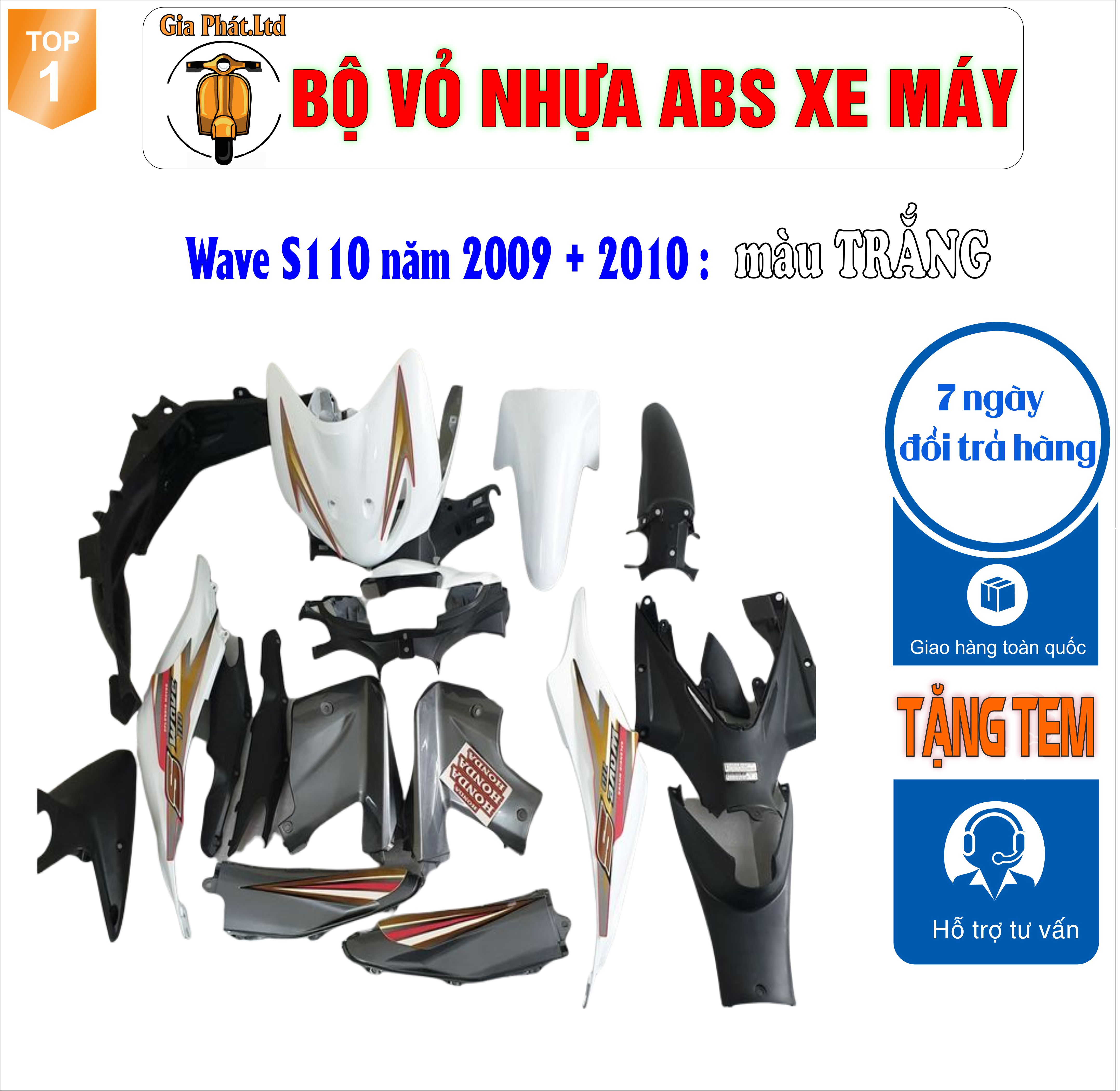 Bộ dàn áo xe WAVE S110 - RS110 màu TRẮNG, nhựa ABS nguyên sinh- TKB-546-8032