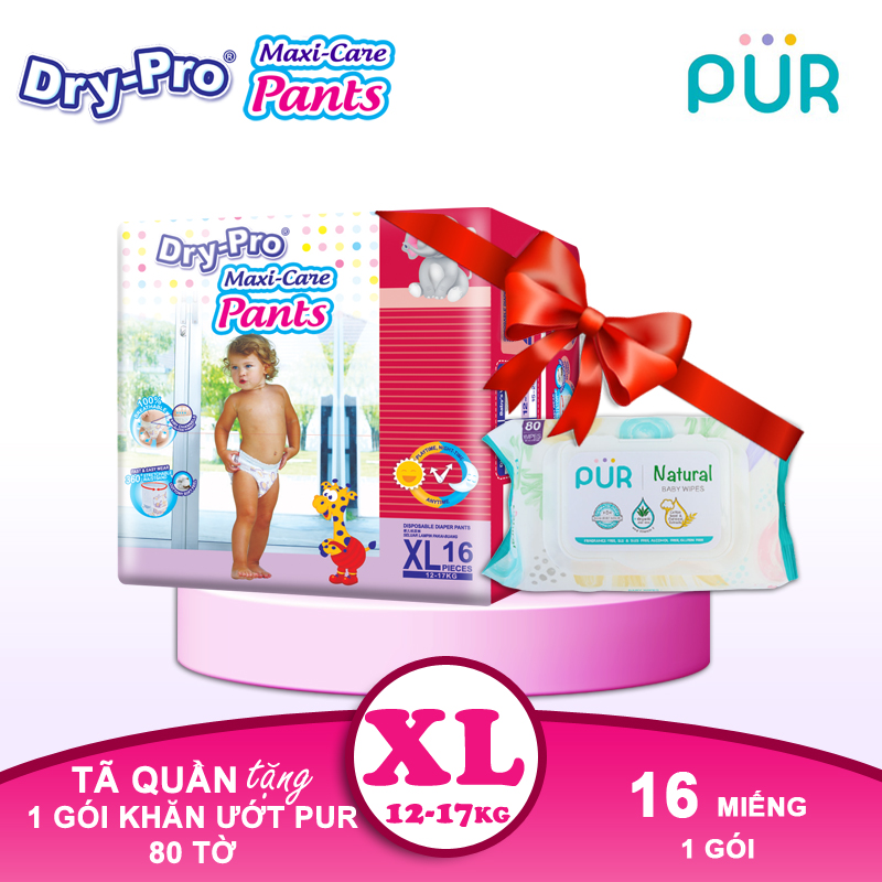 Combo Tã/bỉm quần Dry-Pro XL16 + tặng 1 gói khăn ướt Pur 80 tờ cho bé
