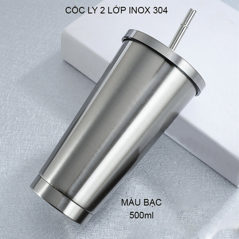 Cốc ly 2 lớp inox 304 chống nóng, có nắp và ống hút, cỡ lớn 500ml, dùng được trên xe hơi