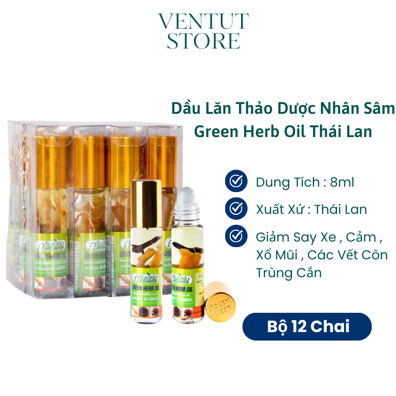 Bộ 12 Chai Dầu Lăn Thảo Dược Nhân Sâm Green Herb Oil Thái Lan 8ml