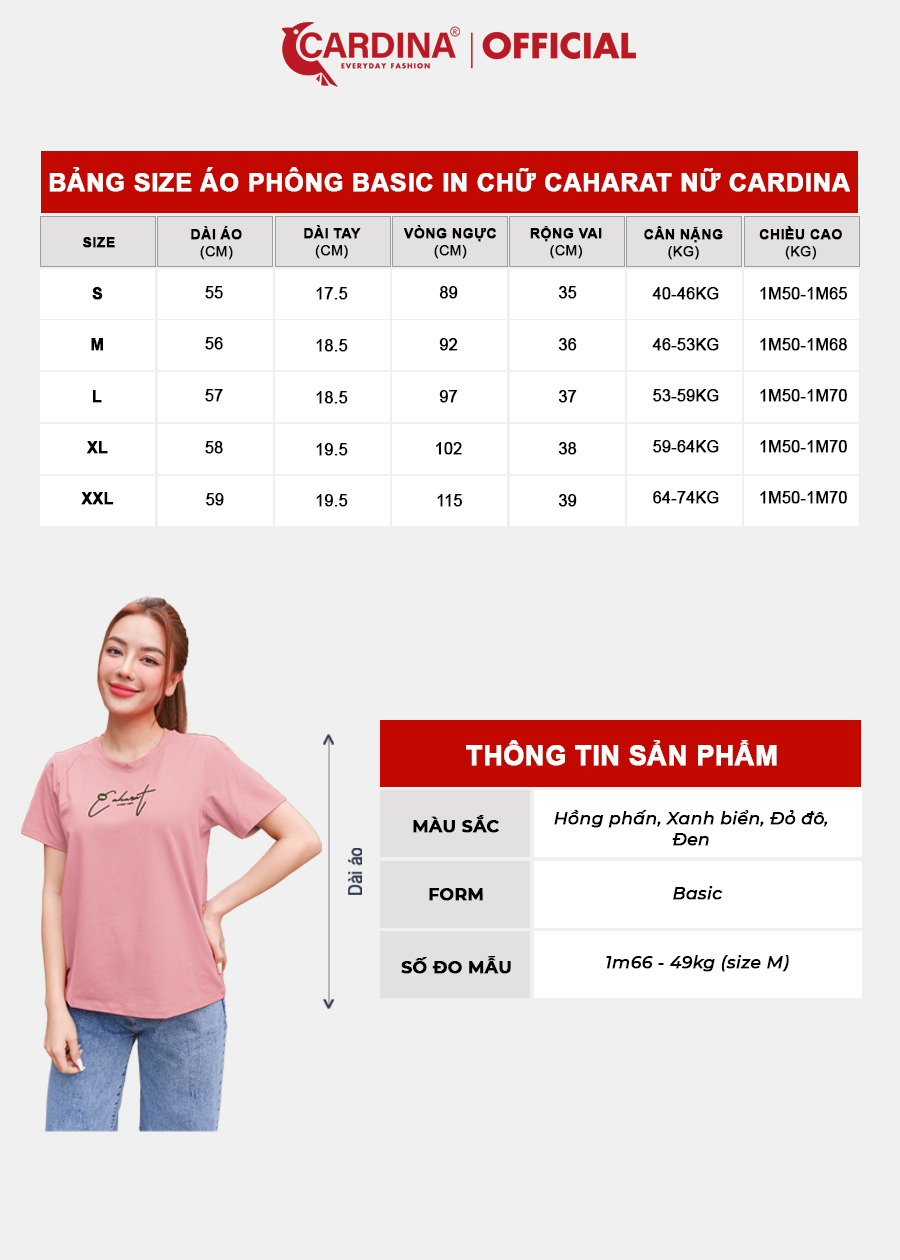 Áo Phông Nữ CARDINA Chất Cotton Cao Cấp In Chữ Caharat Áo Cổ Tròn Thoáng Mát 3ATF03