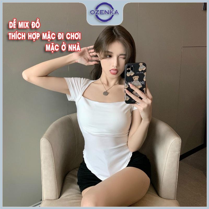 Áo thun vạt bầu ngắn tay cổ vuông ôm nữ , ao phông body nữ mẫu mới 2022 cotton 100% màu đen trắng dưới 50 cân