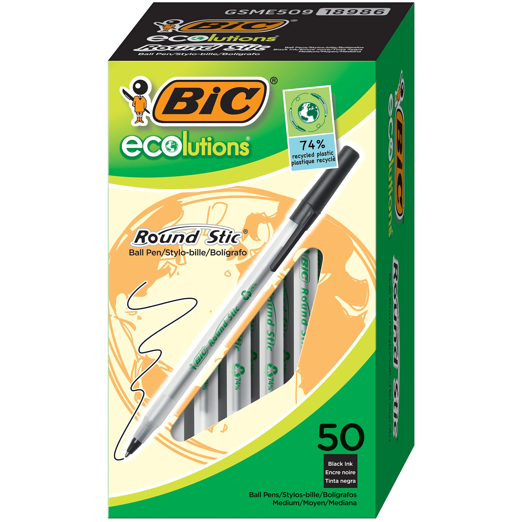 Bút bi êm mượt BIC Ecolutions/ Revolution Round Stic, cỡ ngòi 1.0mm, với chất liệu nhựa tái chế đến 97%, 1 cây màu xanh dương hoặc đen