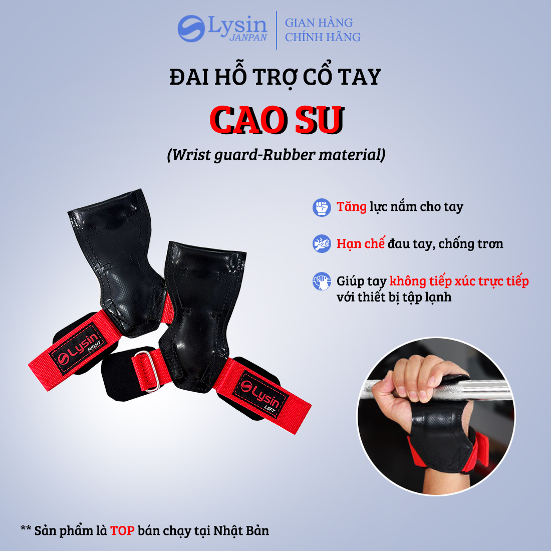 Lysin - đai hỗ trợ bảo vệ cổ tay, lòng bàn tay chất liệu cao su thoáng khí chống trượt tập gym chuyên nghiệp găng tay tập gym dây kéo lưng lifting straps năng tạ kéo xà deadlift tập gym