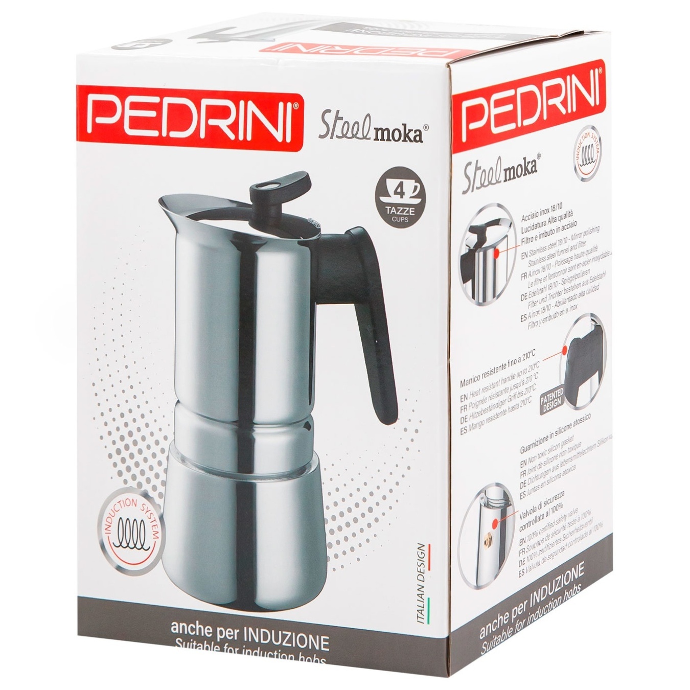 Ấm pha cà phê PEDRINI Steel Moka Induction - Stainless steel 18/10 - 4 cup/ 6 cup [Hàng Chính Hãng ] - Sử dụng được cho bếp từ