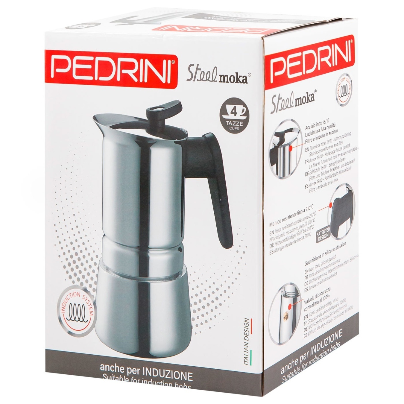 Ấm pha cà phê PEDRINI Steel Moka Induction - Stainless steel 18/10 - 4 cup/ 6 cup - Sử dụng được cho bếp từ.