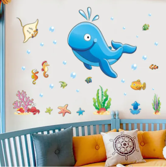Decal trang trí tường - Chú cá voi xanh hài hước