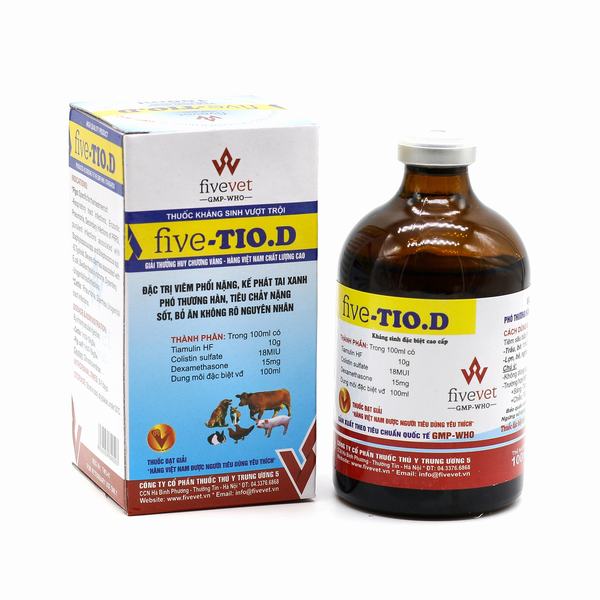 Dung dịch tiêm Five TIO.D đ.ặc t.rị viêm phổi nặng, kế phát tai xanh, phó thương hàn, tiêu chảy nặng, sốt bỏ ăn không rõ nguyên nhân